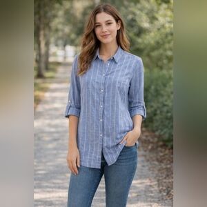 100% Corton Blue and White Striped Casual Shirt